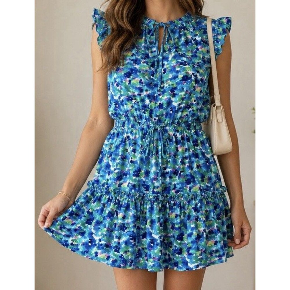 PINCH Tiered Ruffle Floral Dress Blue White Green Elastic Waist Small Beautiful